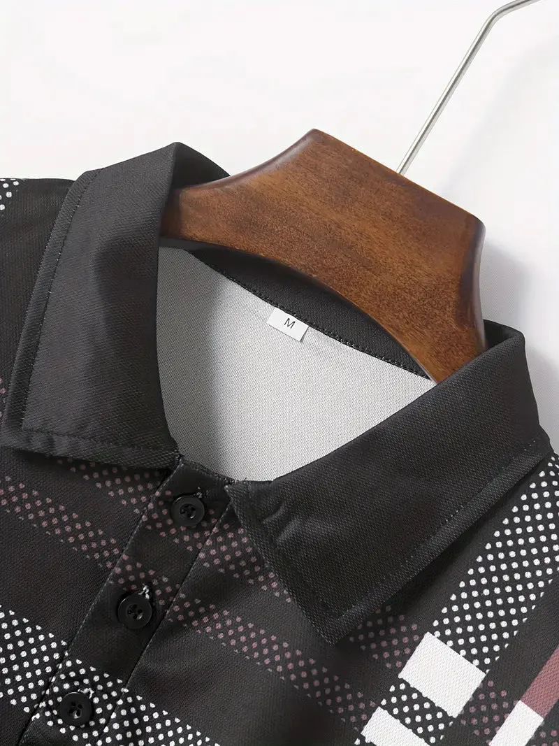 Men's Polo Shirt - Plaid Pattern - Slim Fit - Short Sleeve Button-Down Collar