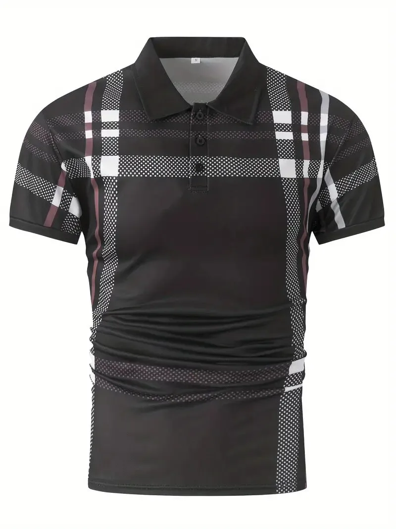 Men's Polo Shirt - Plaid Pattern - Slim Fit - Short Sleeve Button-Down Collar