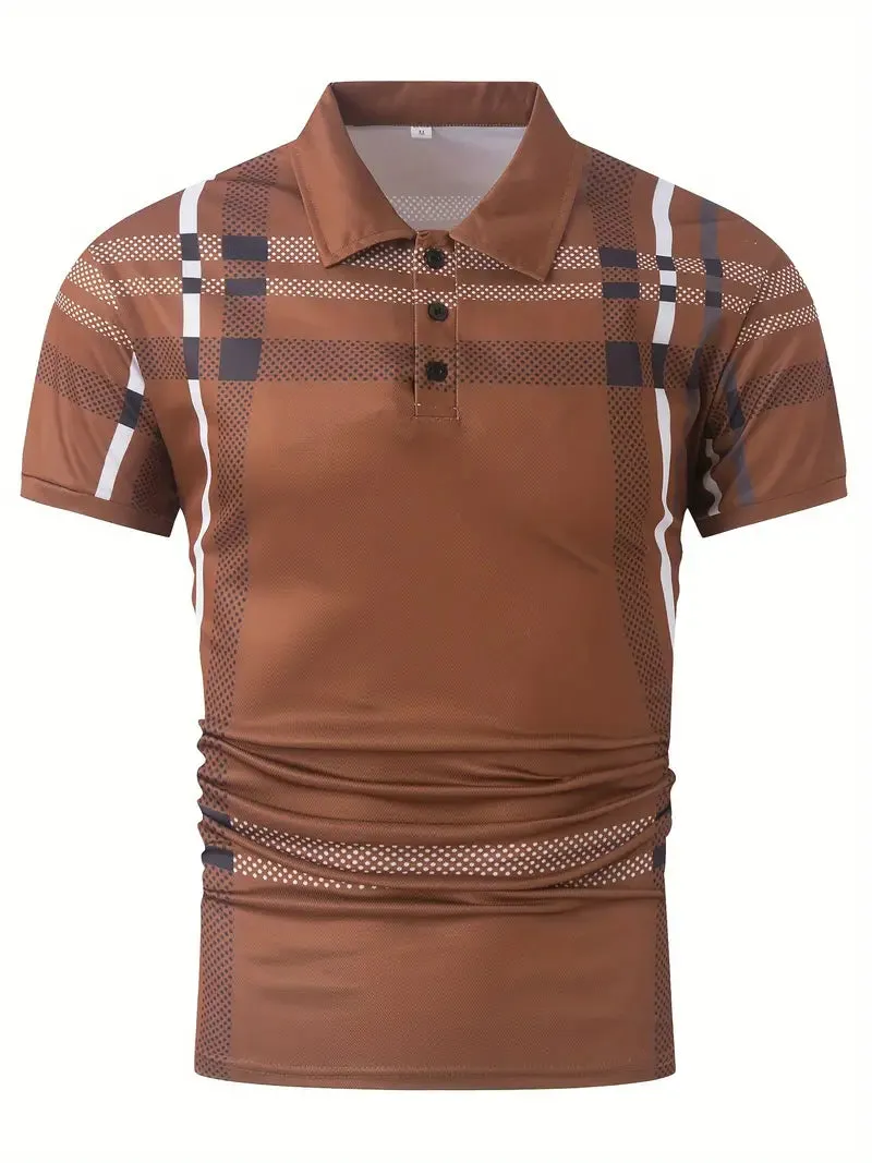 Men's Polo Shirt - Plaid Pattern - Slim Fit - Short Sleeve Button-Down Collar