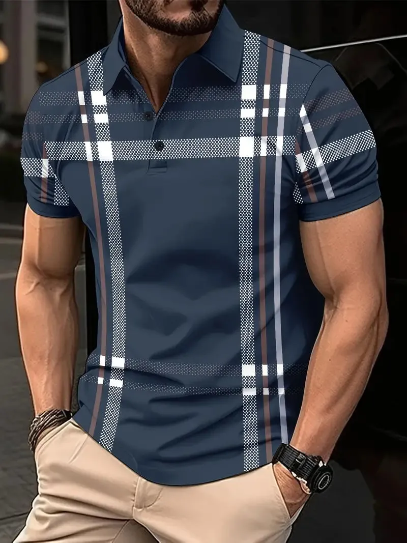 Men's Polo Shirt - Plaid Pattern - Slim Fit - Short Sleeve Button-Down Collar