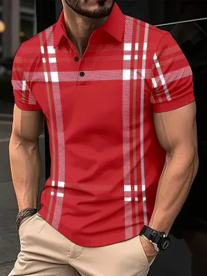 Men's Polo Shirt - Plaid Pattern - Slim Fit - Short Sleeve Button-Down Collar