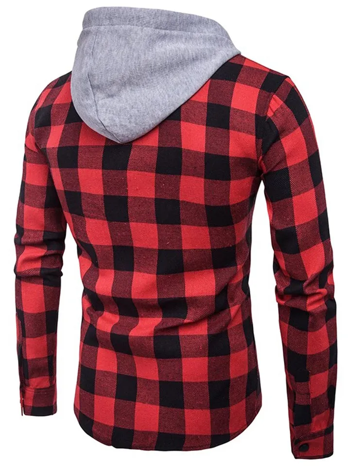 Men's Trendy Plaid Button-up Shirt with Hood