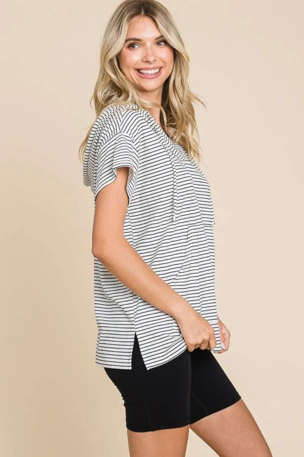 Mina Full Size Striped Short Sleeve Hooded Top