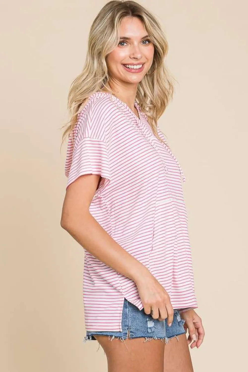 Mina Full Size Striped Short Sleeve Hooded Top