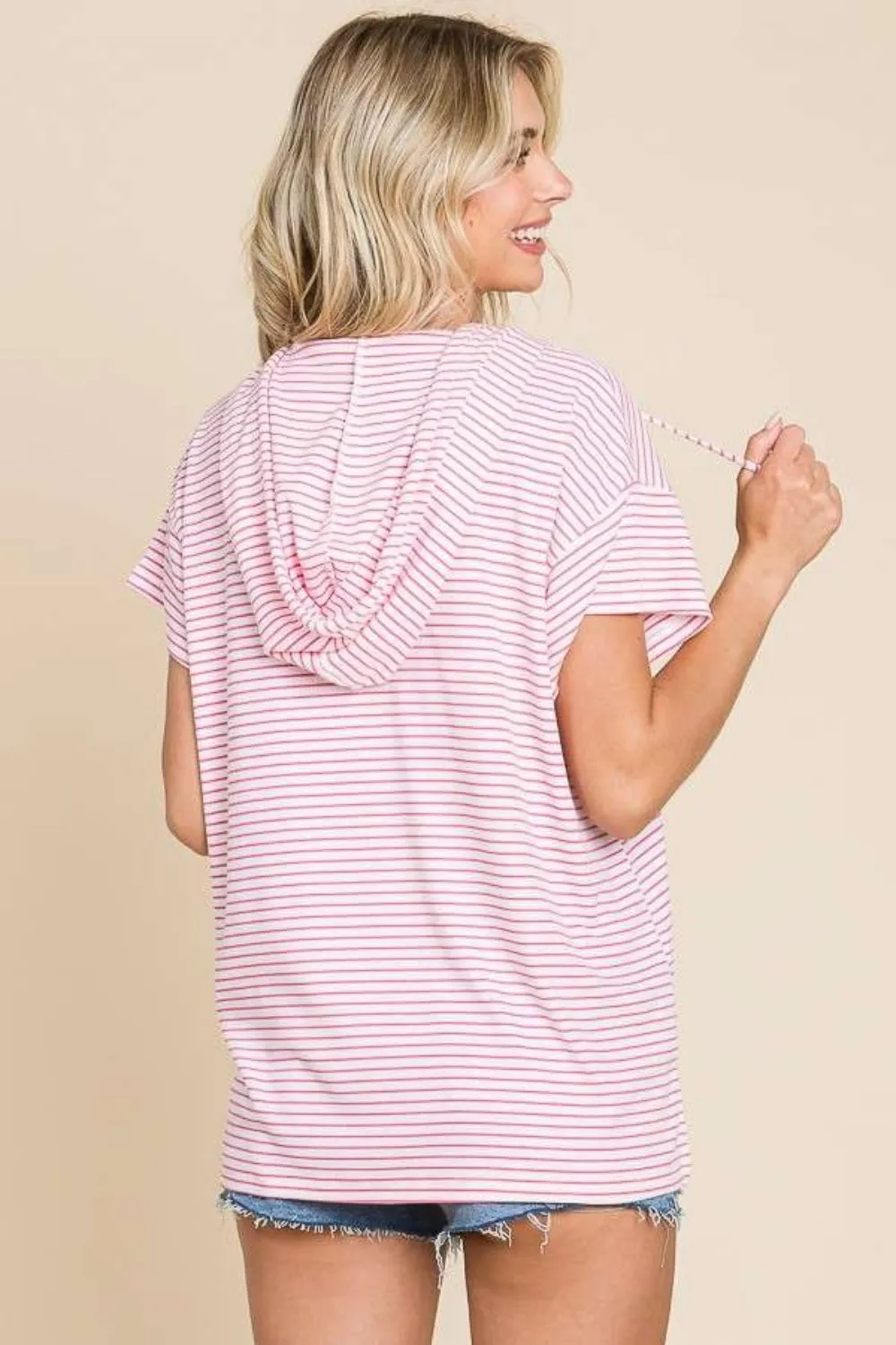 Mina Full Size Striped Short Sleeve Hooded Top