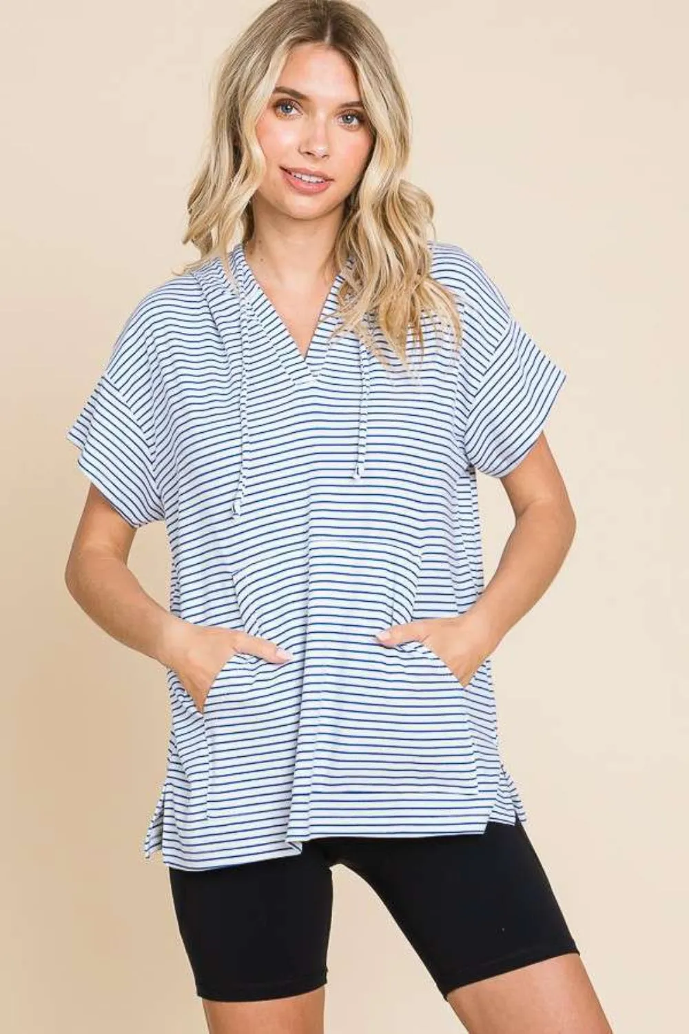 Mina Full Size Striped Short Sleeve Hooded Top