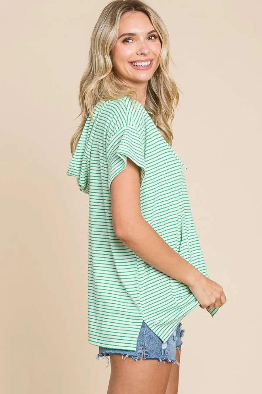 Mina Full Size Striped Short Sleeve Hooded Top