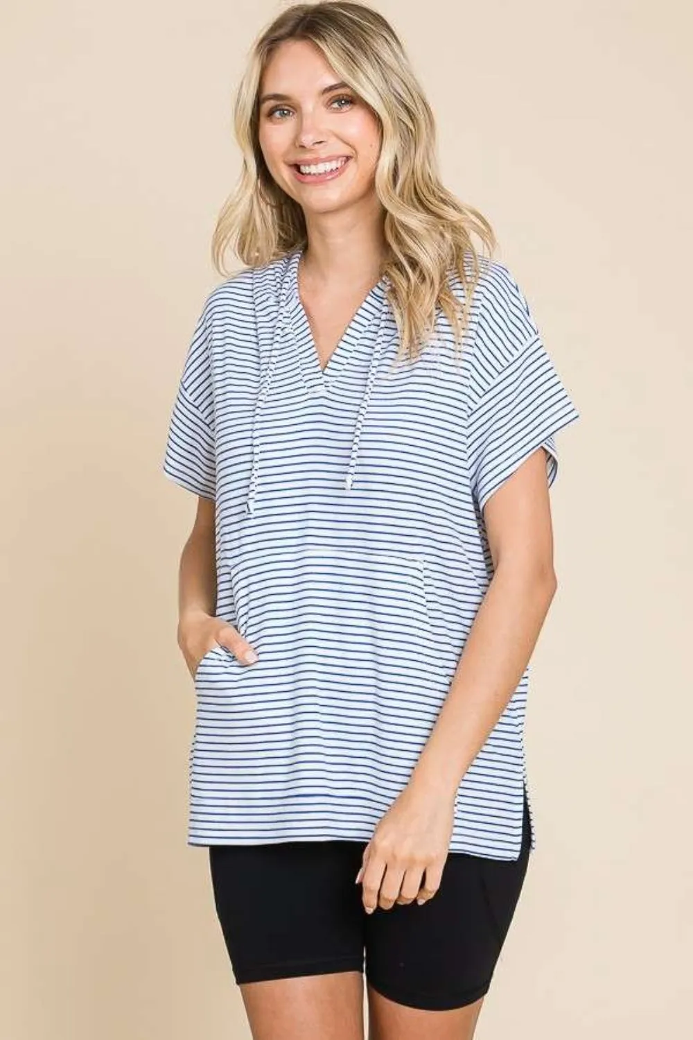 Mina Full Size Striped Short Sleeve Hooded Top