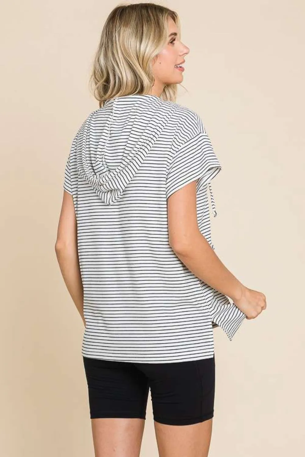 Mina Full Size Striped Short Sleeve Hooded Top