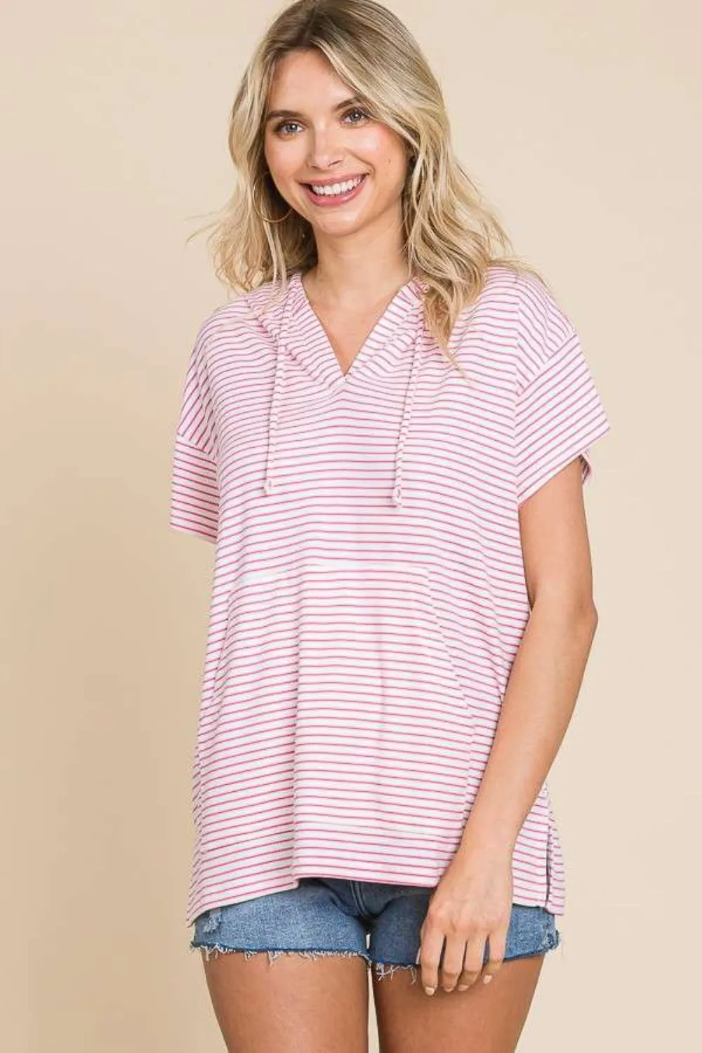 Mina Full Size Striped Short Sleeve Hooded Top