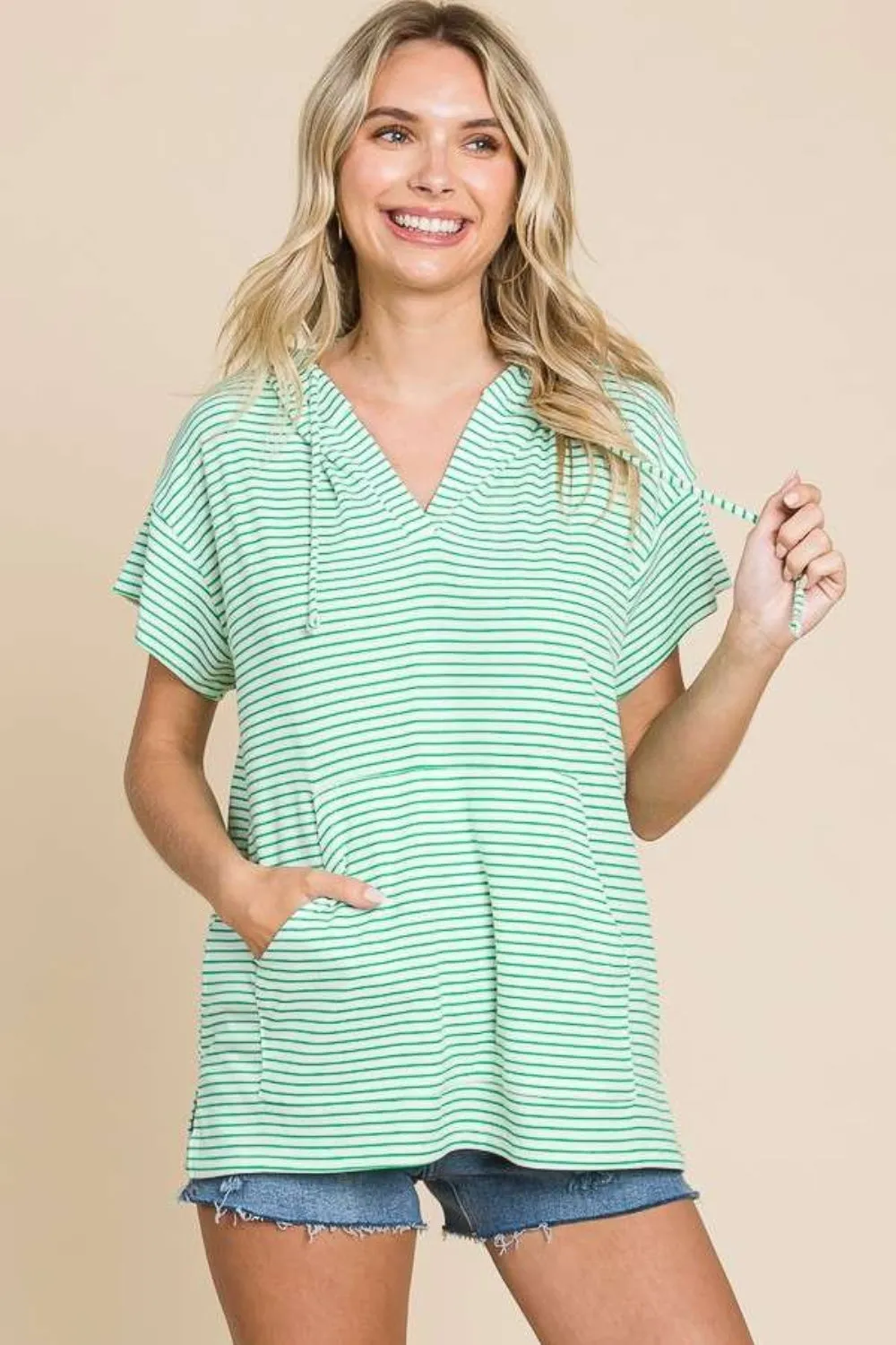 Mina Full Size Striped Short Sleeve Hooded Top