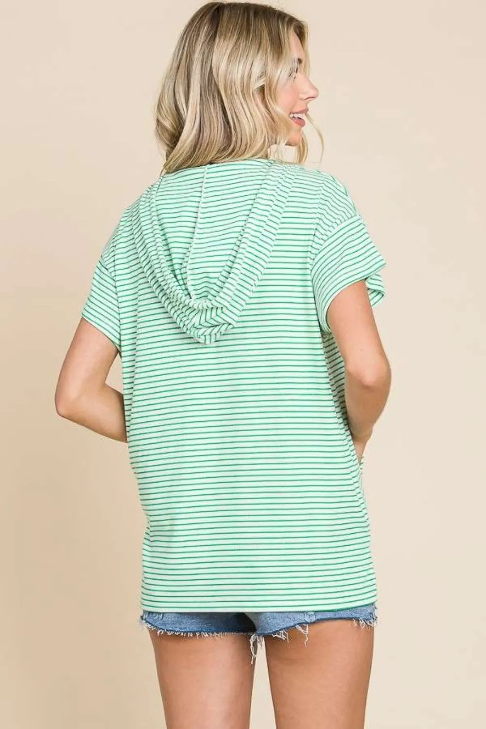 Mina Full Size Striped Short Sleeve Hooded Top