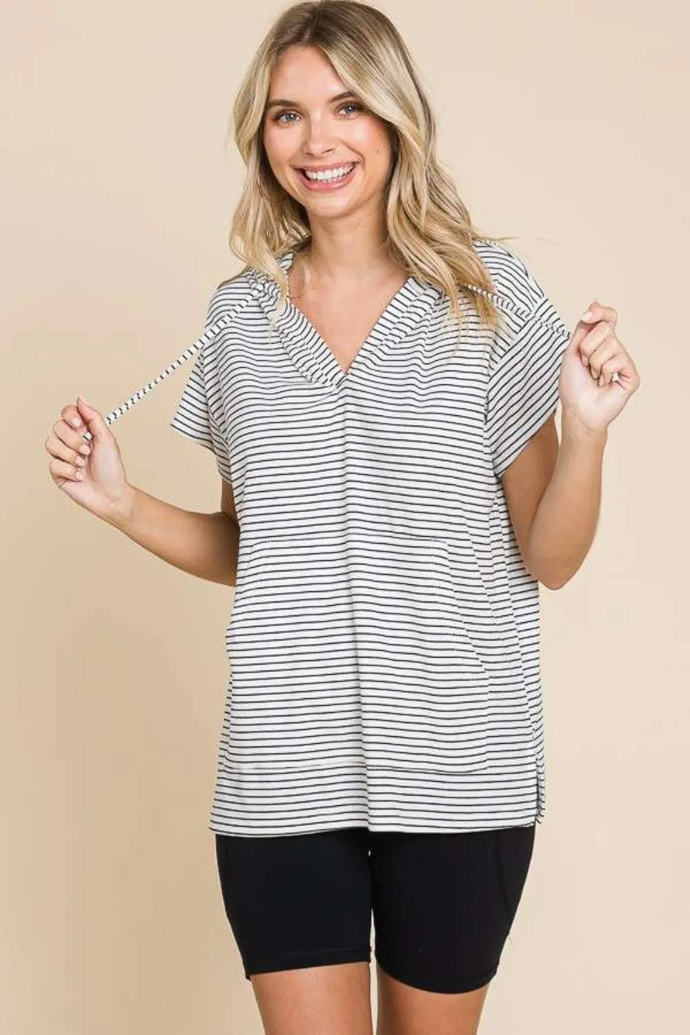 Mina Full Size Striped Short Sleeve Hooded Top