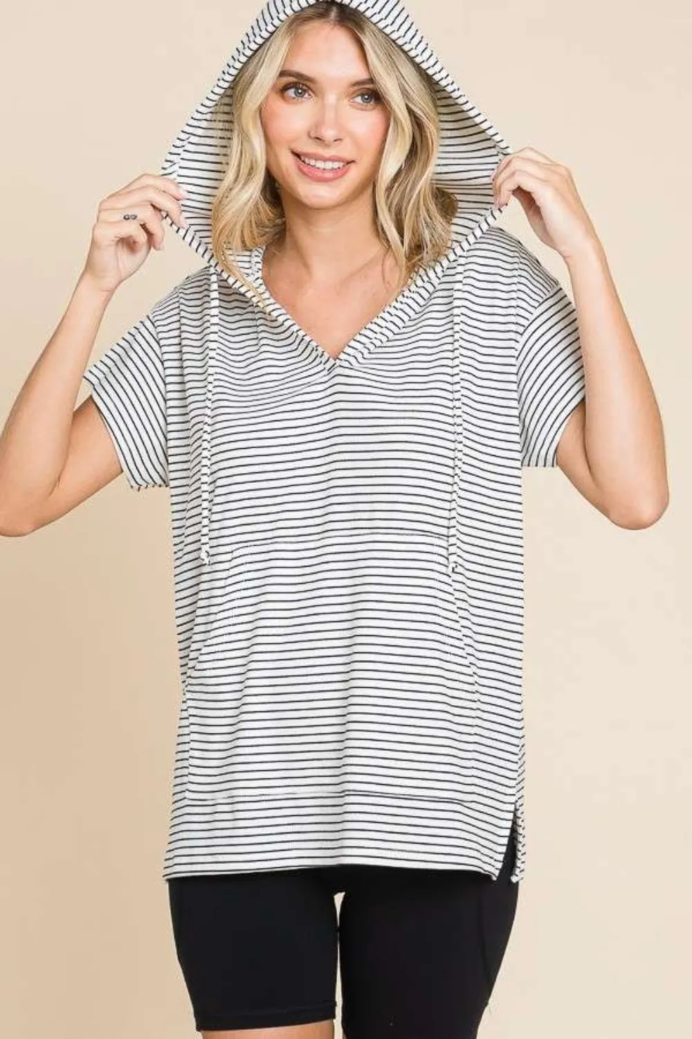 Mina Full Size Striped Short Sleeve Hooded Top