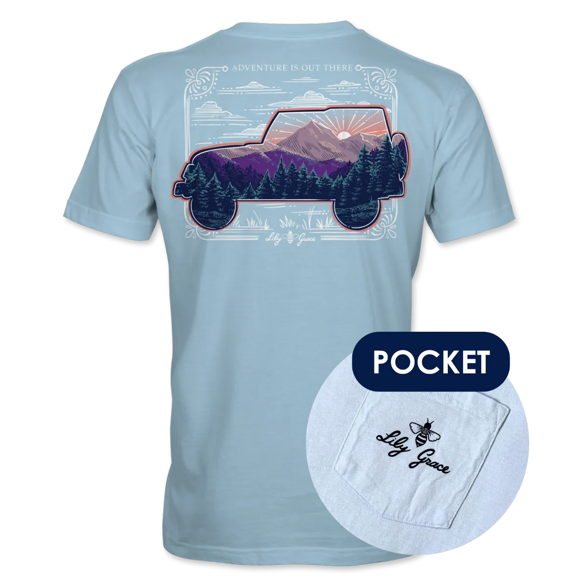 Mountain Scene Jeep- Forest Sunrise T-Shirt