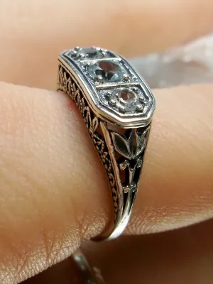 Natural Blue Topaz Ring, Sterling Silver Lily Leaf Filigree, Edwardian Jewelry #D197