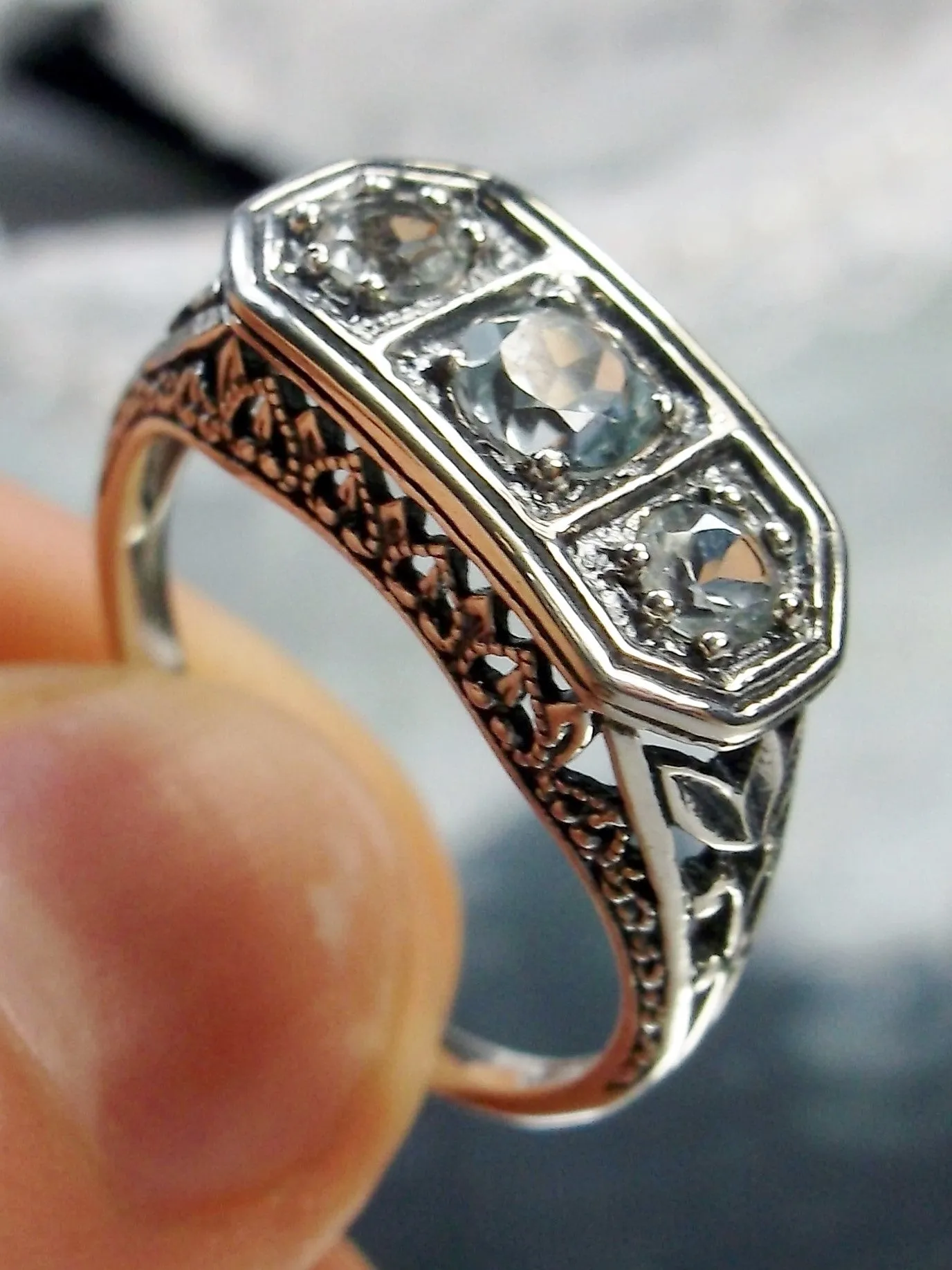 Natural Blue Topaz Ring, Sterling Silver Lily Leaf Filigree, Edwardian Jewelry #D197