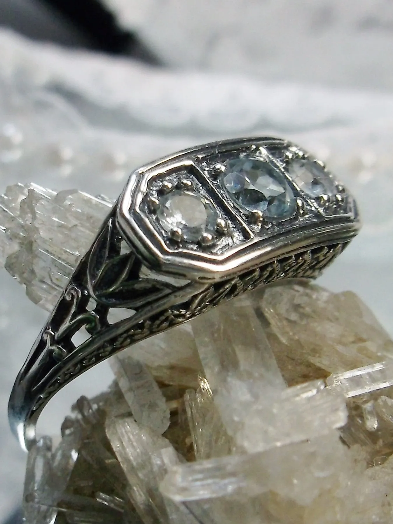 Natural Blue Topaz Ring, Sterling Silver Lily Leaf Filigree, Edwardian Jewelry #D197