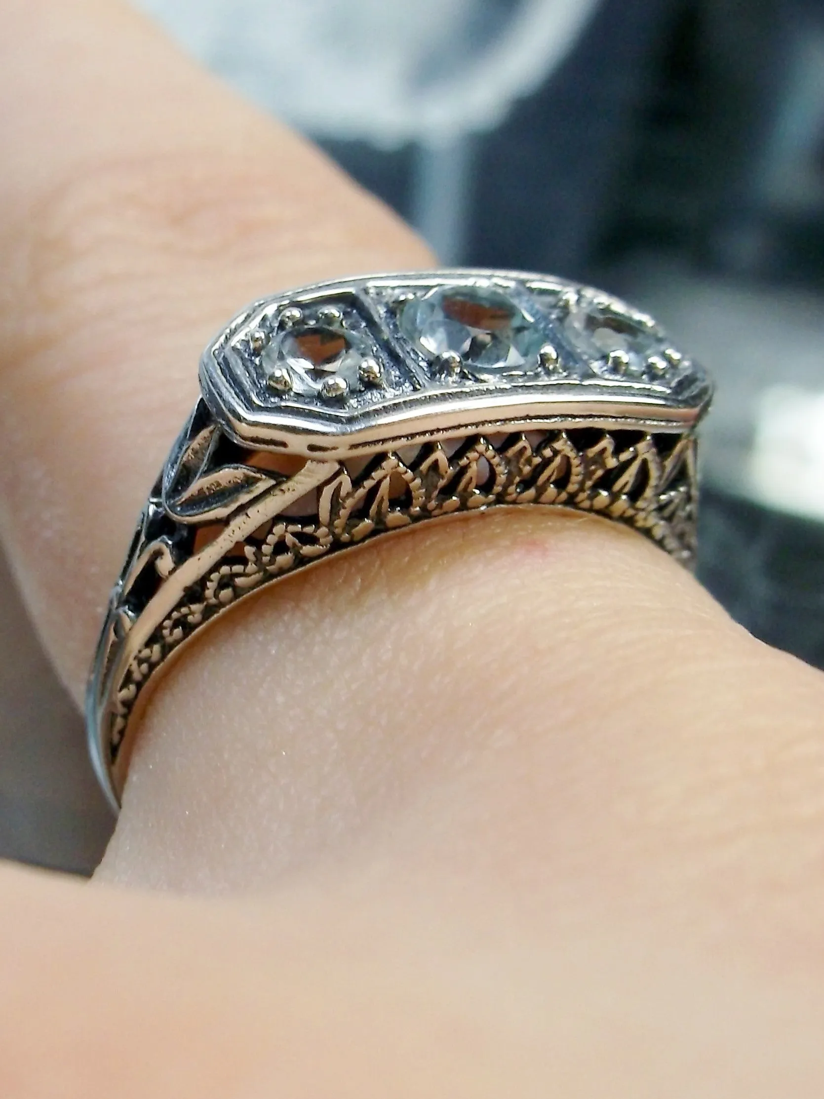 Natural Blue Topaz Ring, Sterling Silver Lily Leaf Filigree, Edwardian Jewelry #D197