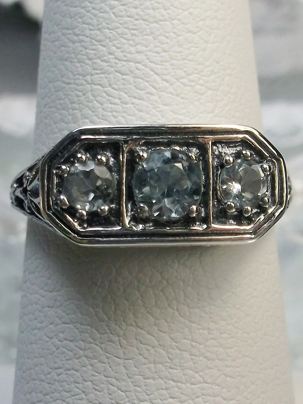 Natural Blue Topaz Ring, Sterling Silver Lily Leaf Filigree, Edwardian Jewelry #D197