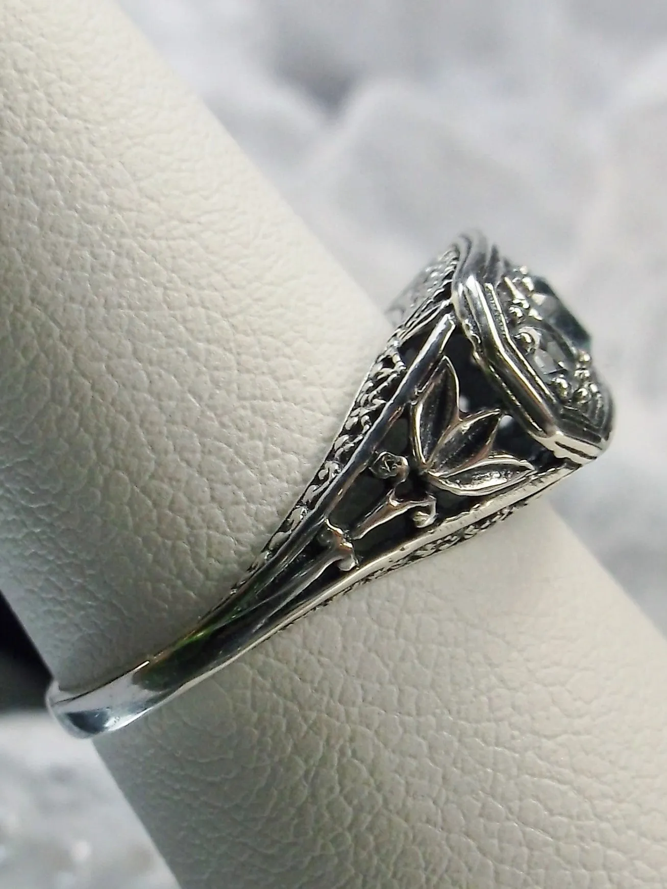 Natural Blue Topaz Ring, Sterling Silver Lily Leaf Filigree, Edwardian Jewelry #D197