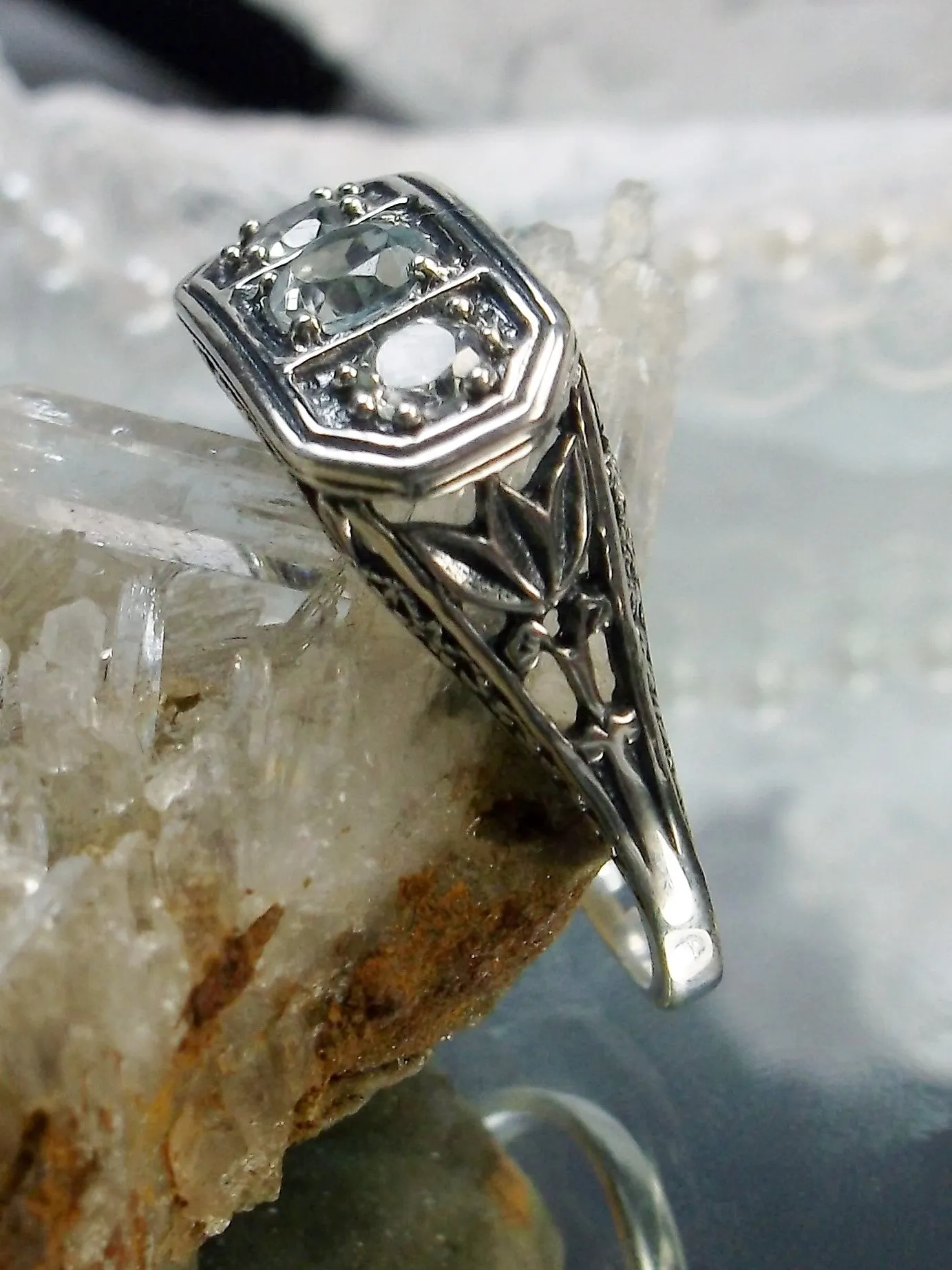 Natural Blue Topaz Ring, Sterling Silver Lily Leaf Filigree, Edwardian Jewelry #D197