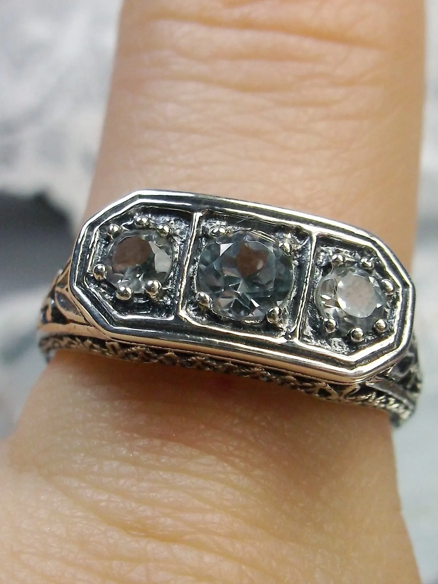 Natural Blue Topaz Ring, Sterling Silver Lily Leaf Filigree, Edwardian Jewelry #D197