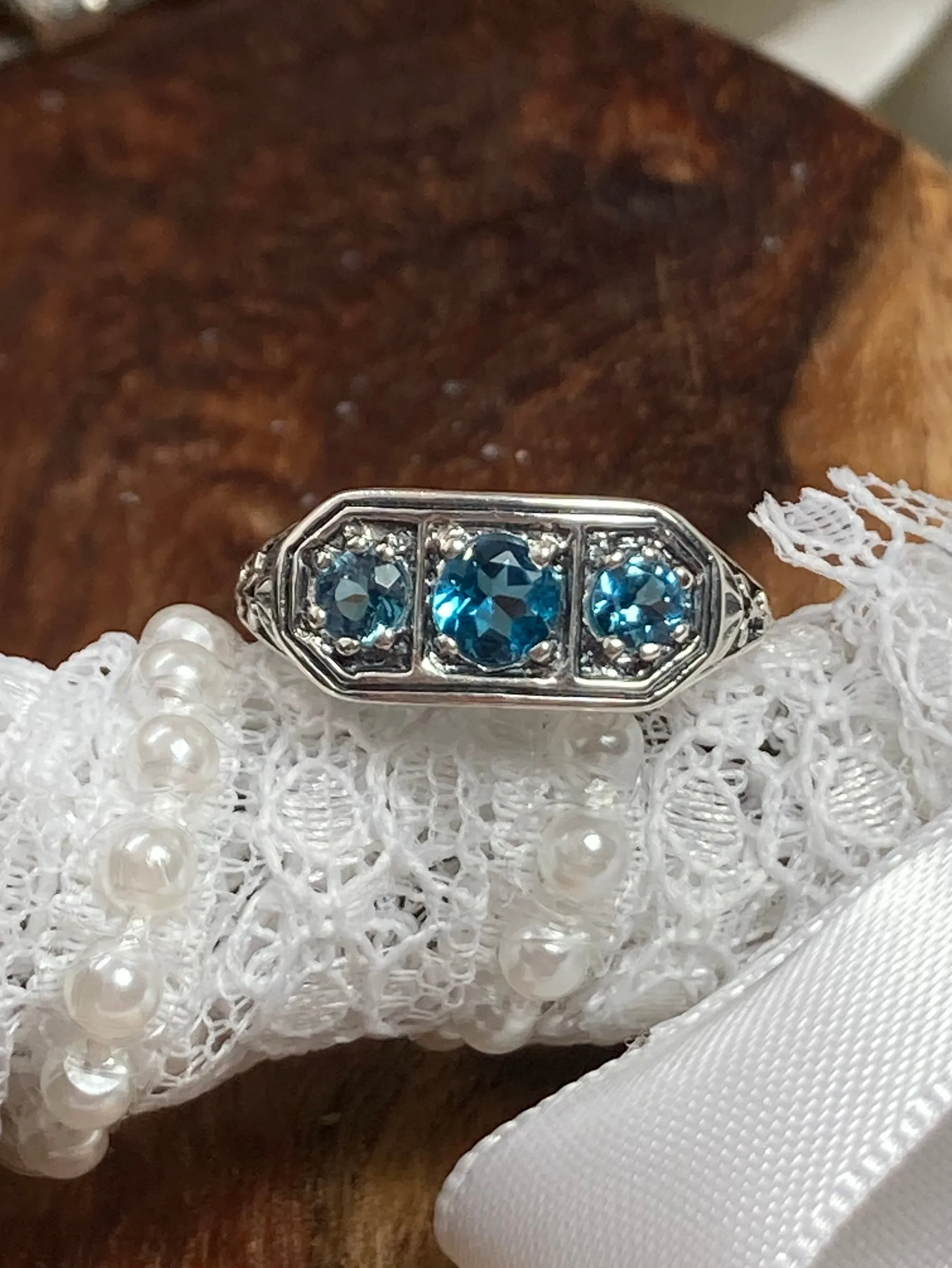 Natural London Blue Topaz Ring, Sterling Silver Lily Leaf Filigree, Edwardian Jewelry #D197