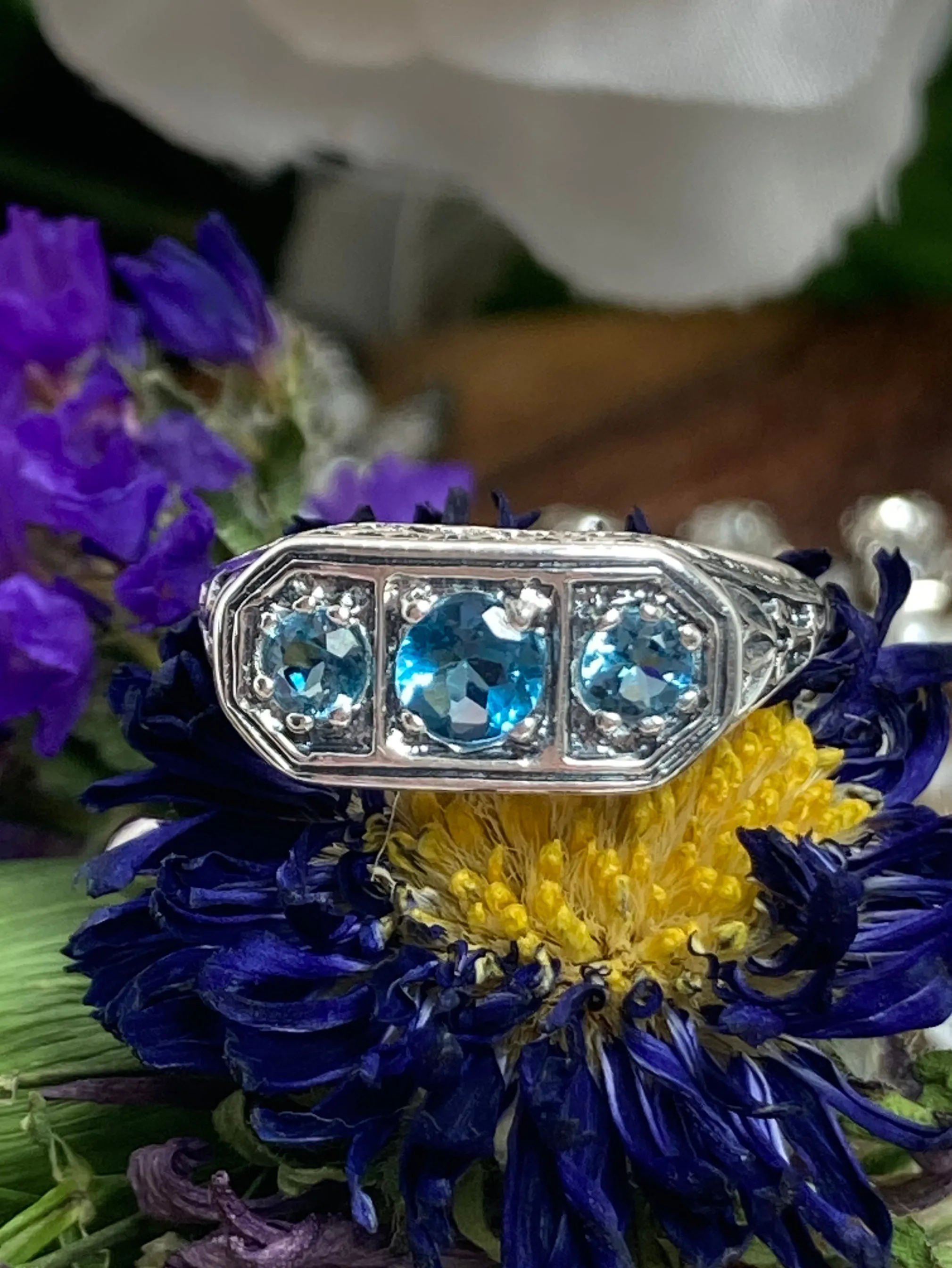 Natural London Blue Topaz Ring, Sterling Silver Lily Leaf Filigree, Edwardian Jewelry #D197