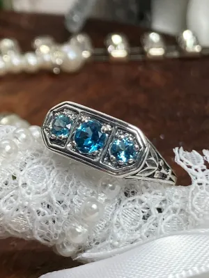 Natural London Blue Topaz Ring, Sterling Silver Lily Leaf Filigree, Edwardian Jewelry #D197
