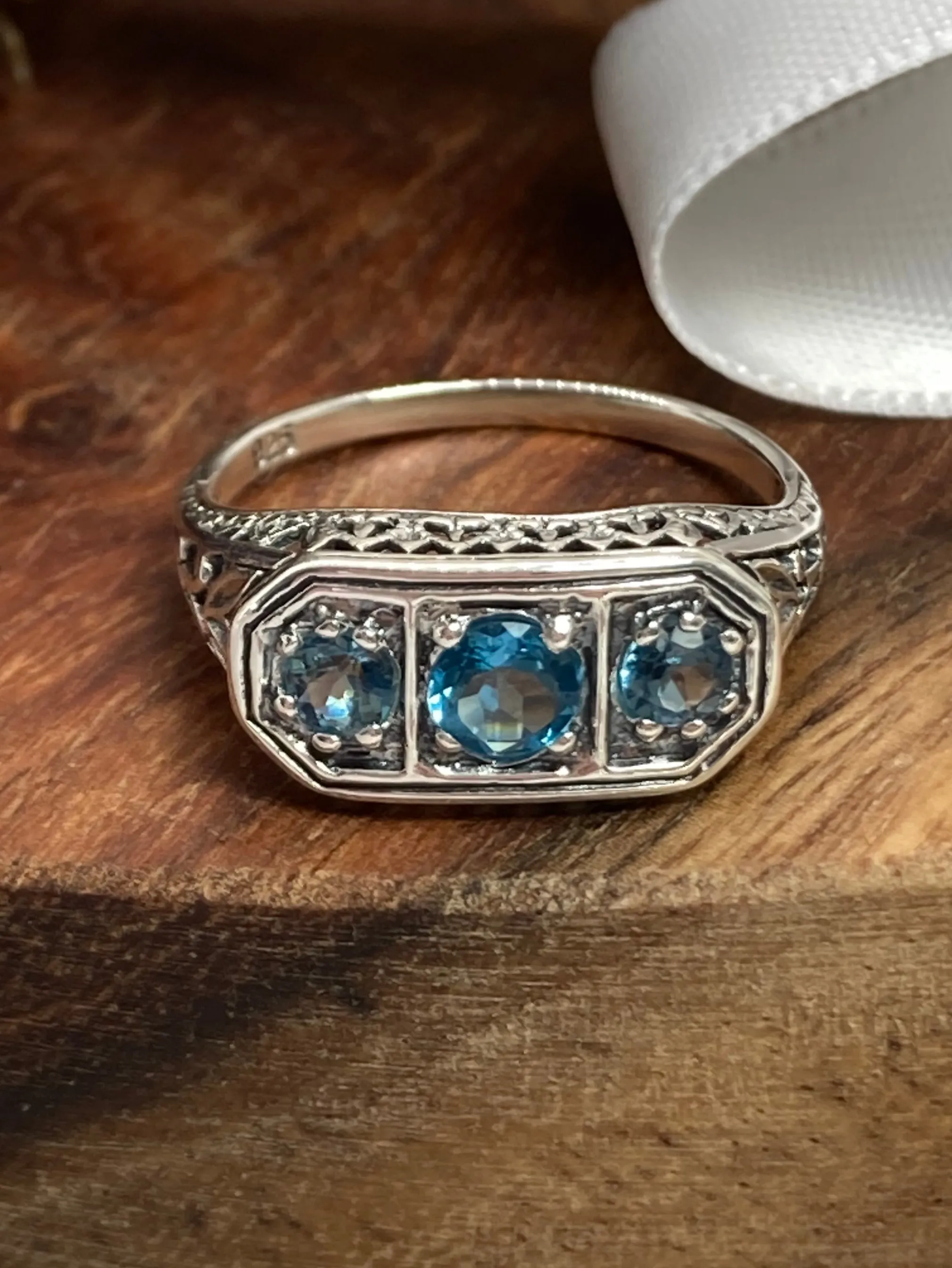 Natural London Blue Topaz Ring, Sterling Silver Lily Leaf Filigree, Edwardian Jewelry #D197