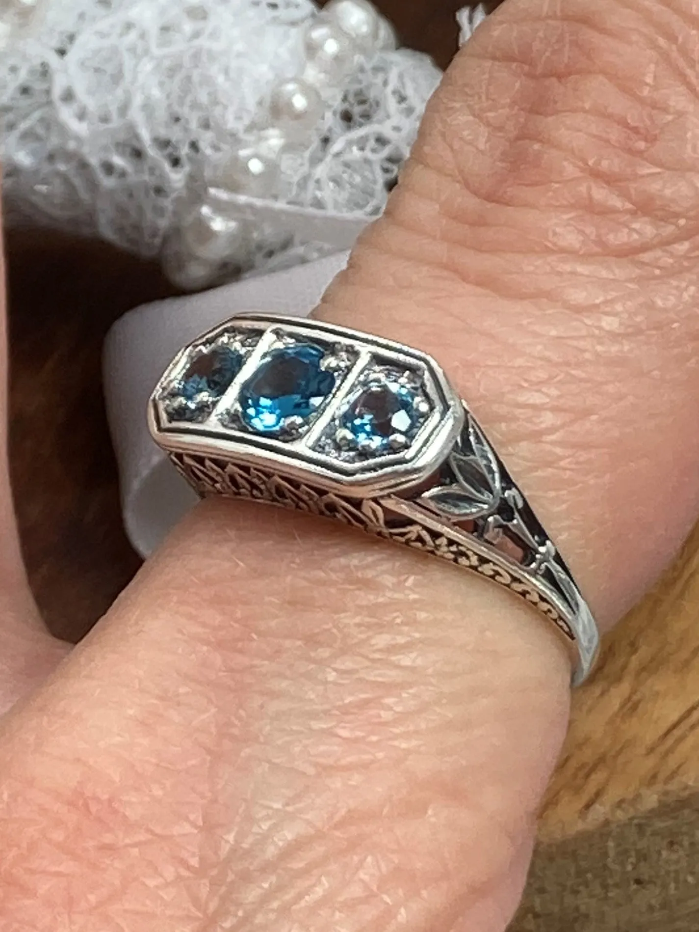 Natural London Blue Topaz Ring, Sterling Silver Lily Leaf Filigree, Edwardian Jewelry #D197