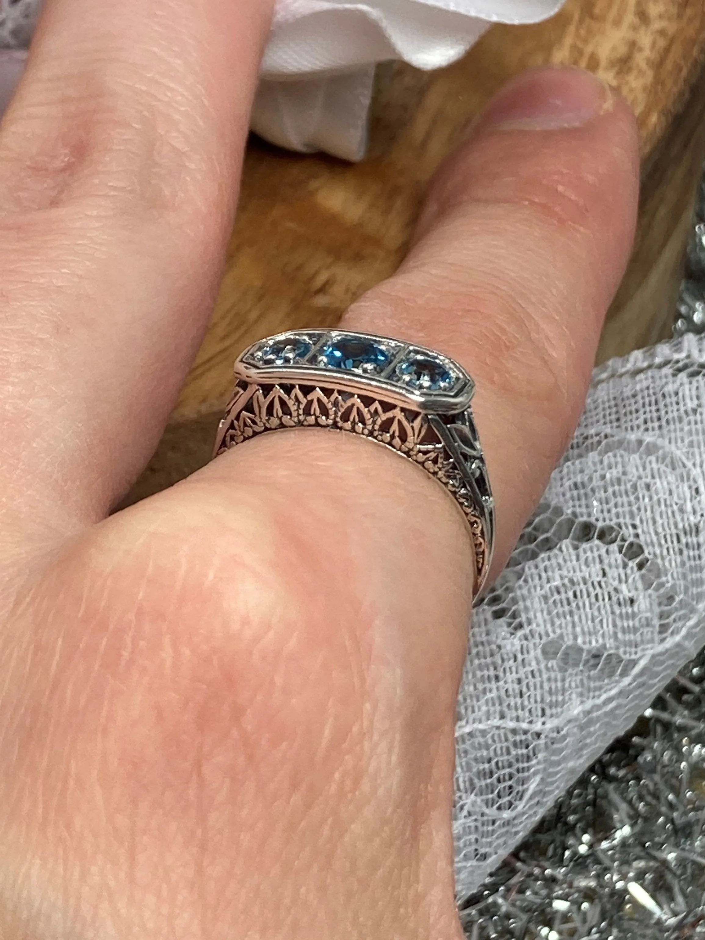 Natural London Blue Topaz Ring, Sterling Silver Lily Leaf Filigree, Edwardian Jewelry #D197