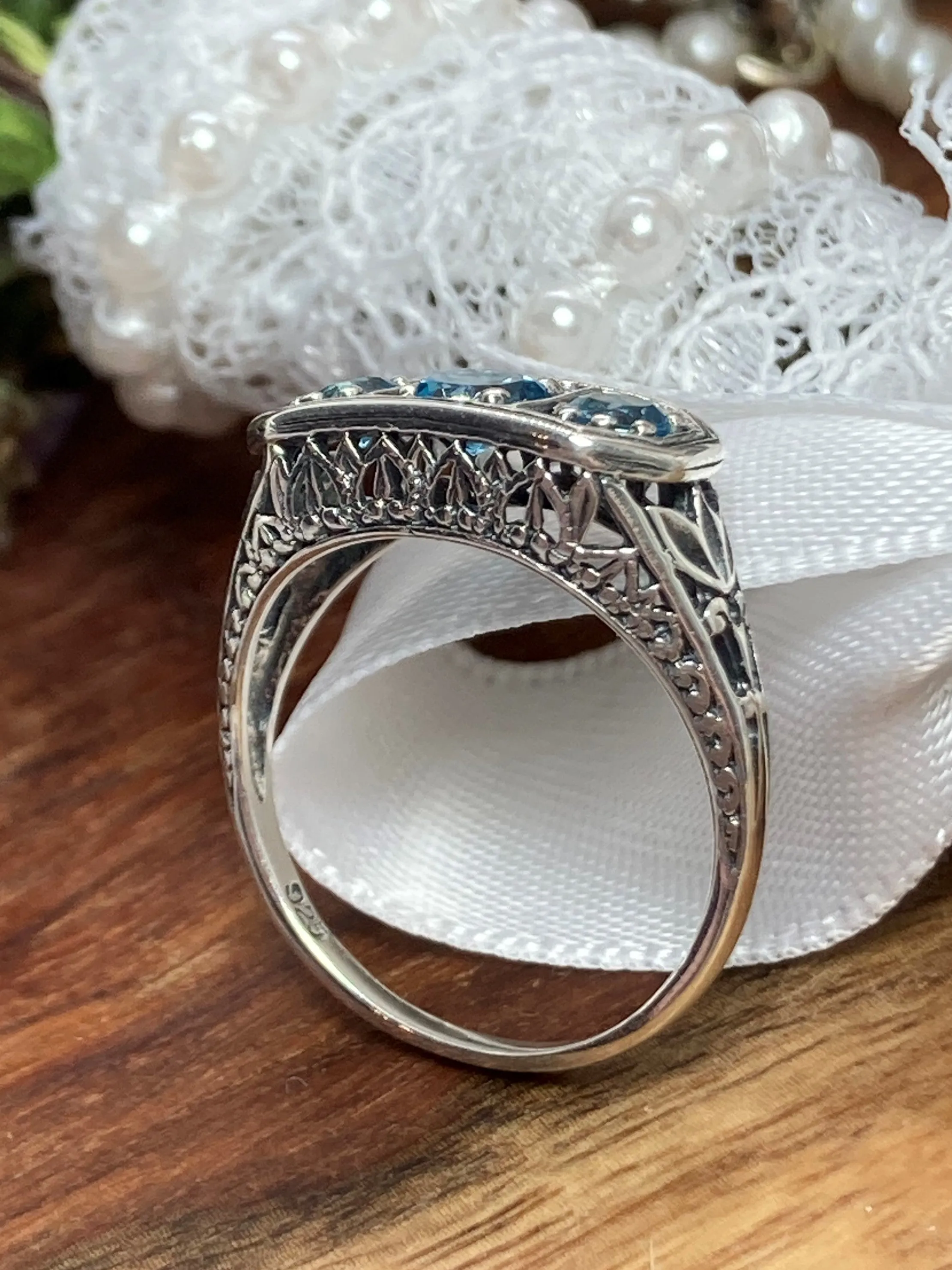Natural London Blue Topaz Ring, Sterling Silver Lily Leaf Filigree, Edwardian Jewelry #D197