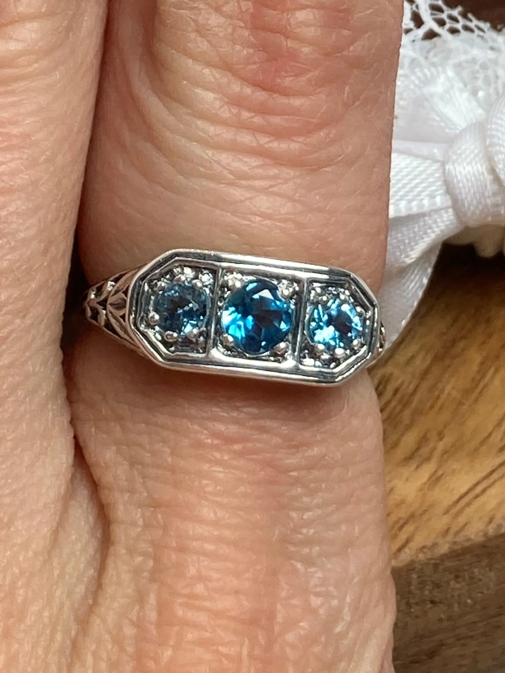 Natural London Blue Topaz Ring, Sterling Silver Lily Leaf Filigree, Edwardian Jewelry #D197