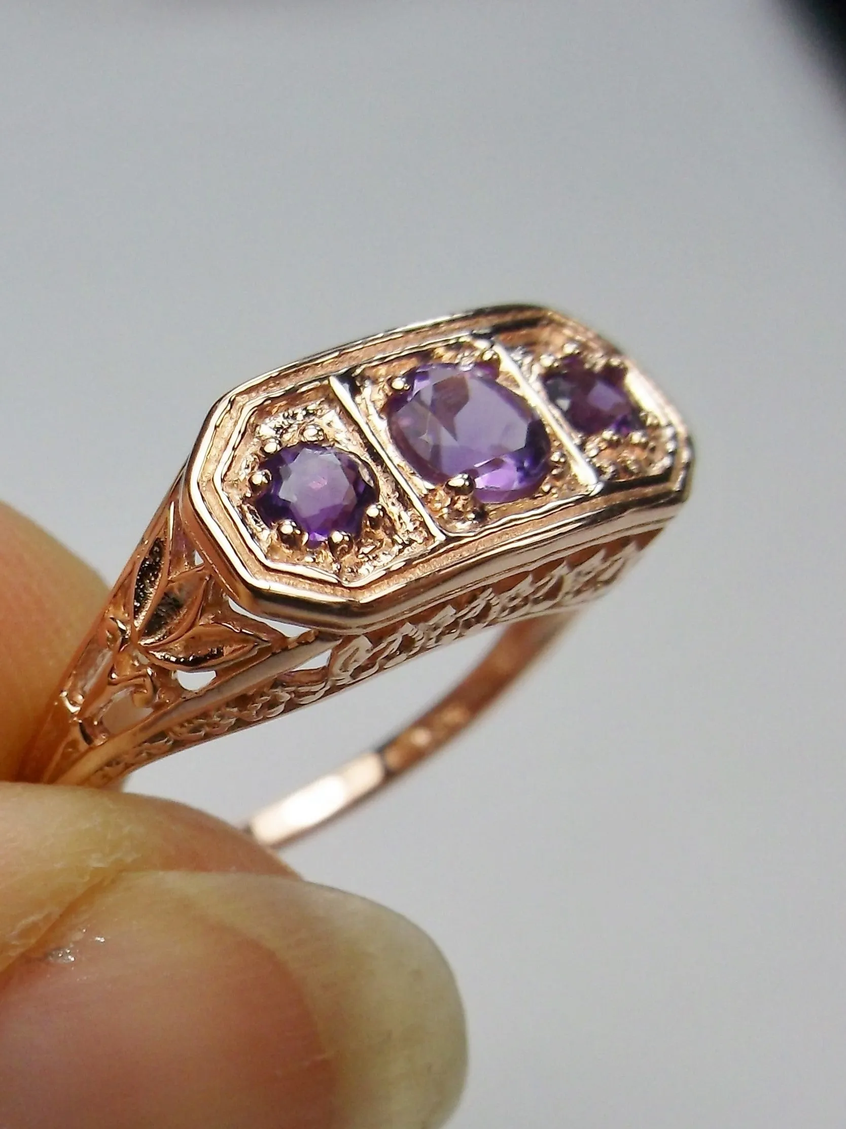 Natural Purple Amethyst Ring, Rose Gold plated Sterling Silver Lily Leaf Filigree, Edwardian Jewelry #D197