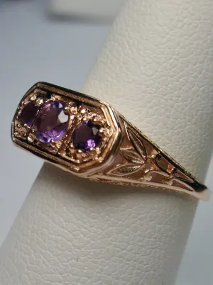 Natural Purple Amethyst Ring, Rose Gold plated Sterling Silver Lily Leaf Filigree, Edwardian Jewelry #D197