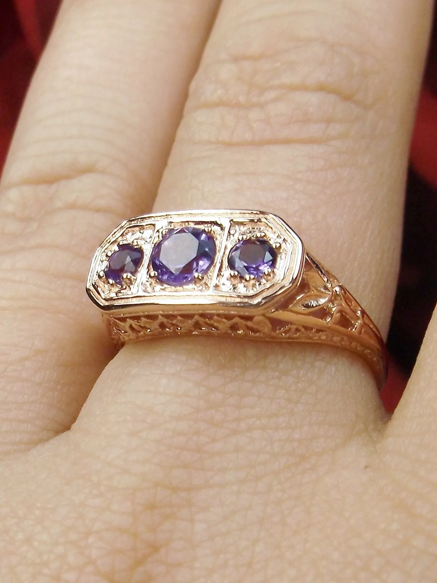 Natural Purple Amethyst Ring, Rose Gold plated Sterling Silver Lily Leaf Filigree, Edwardian Jewelry #D197