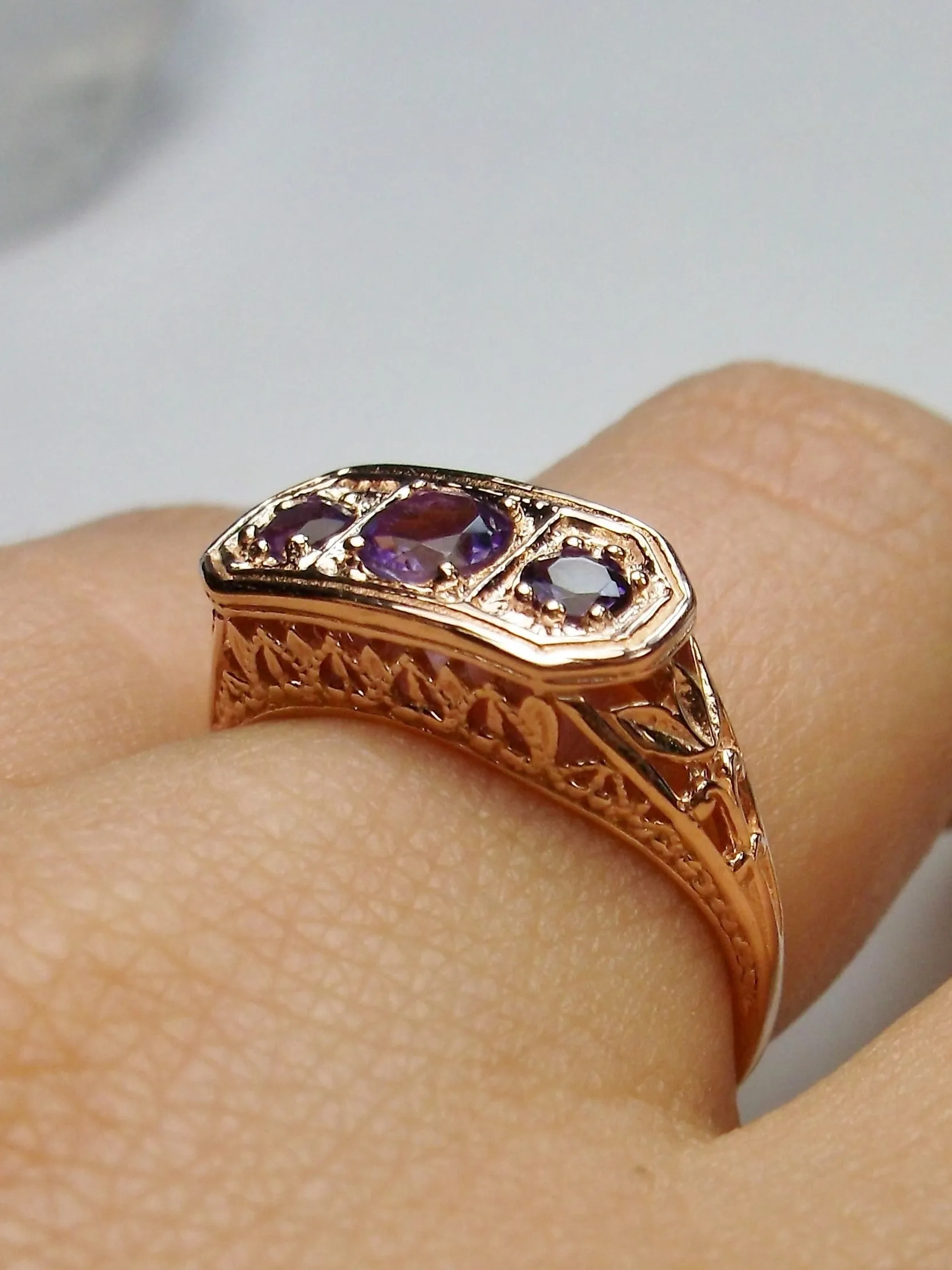 Natural Purple Amethyst Ring, Rose Gold plated Sterling Silver Lily Leaf Filigree, Edwardian Jewelry #D197