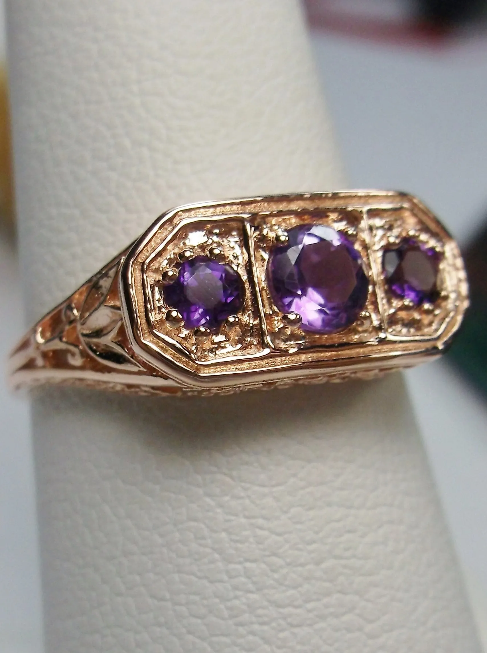 Natural Purple Amethyst Ring, Rose Gold plated Sterling Silver Lily Leaf Filigree, Edwardian Jewelry #D197