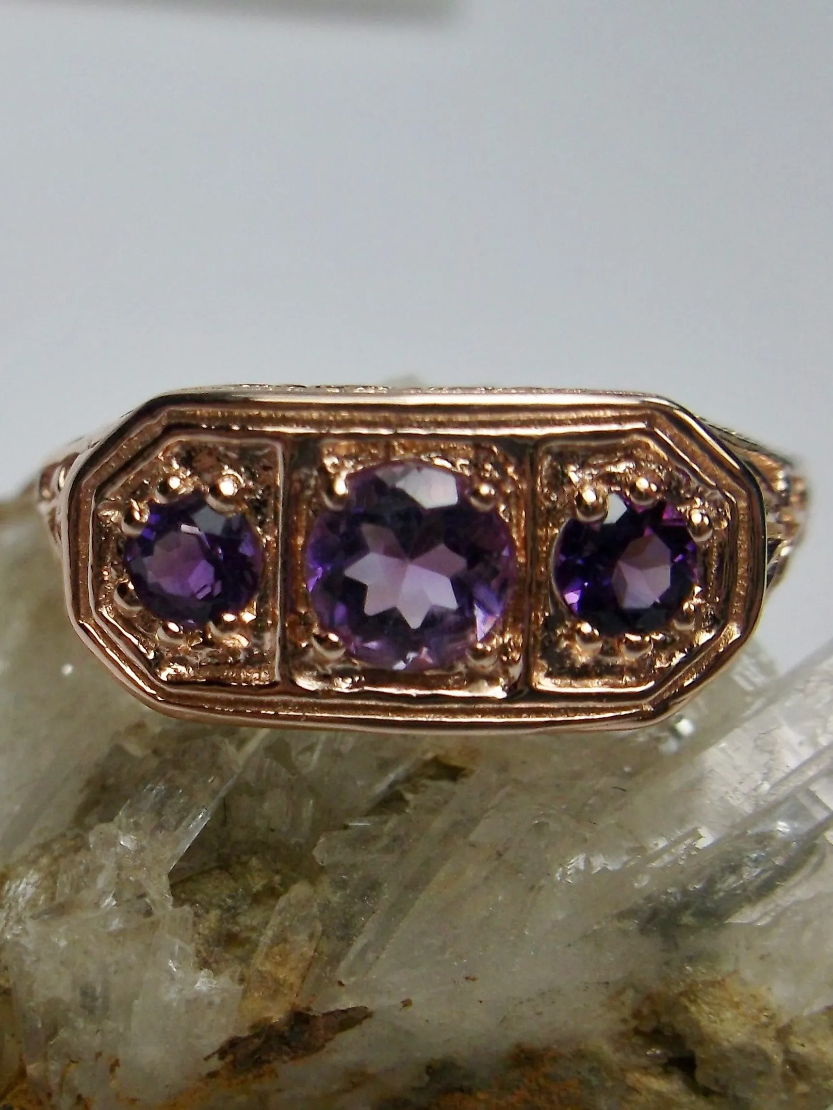 Natural Purple Amethyst Ring, Rose Gold plated Sterling Silver Lily Leaf Filigree, Edwardian Jewelry #D197