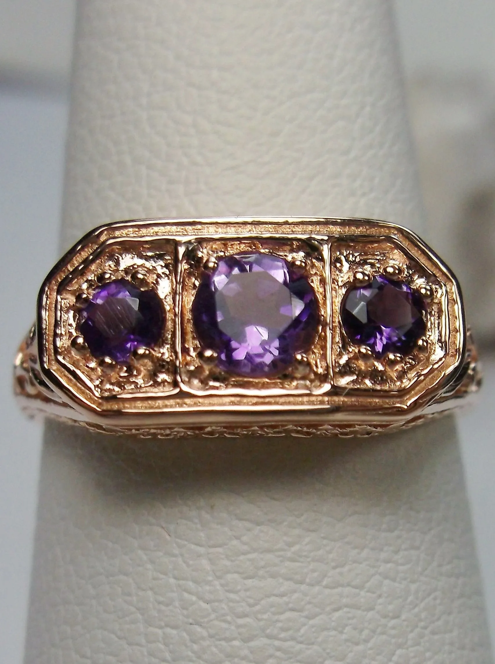 Natural Purple Amethyst Ring, Rose Gold plated Sterling Silver Lily Leaf Filigree, Edwardian Jewelry #D197