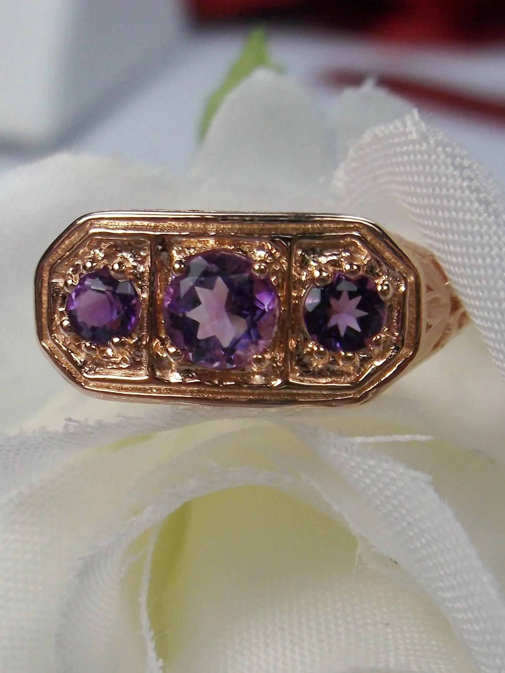 Natural Purple Amethyst Ring, Rose Gold plated Sterling Silver Lily Leaf Filigree, Edwardian Jewelry #D197