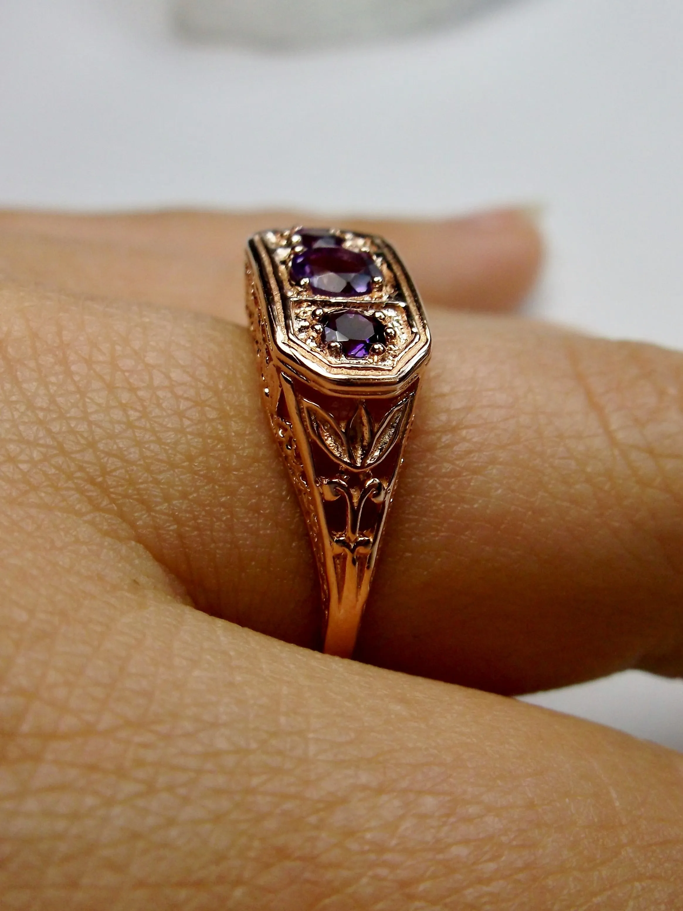 Natural Purple Amethyst Ring, Rose Gold plated Sterling Silver Lily Leaf Filigree, Edwardian Jewelry #D197