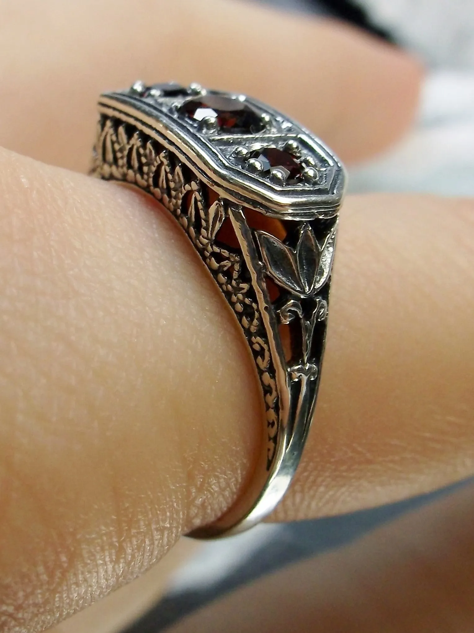 Natural Red Garnet Ring, Lily Leaf Sterling Silver Filigree, Edwardian Jewelry #D197