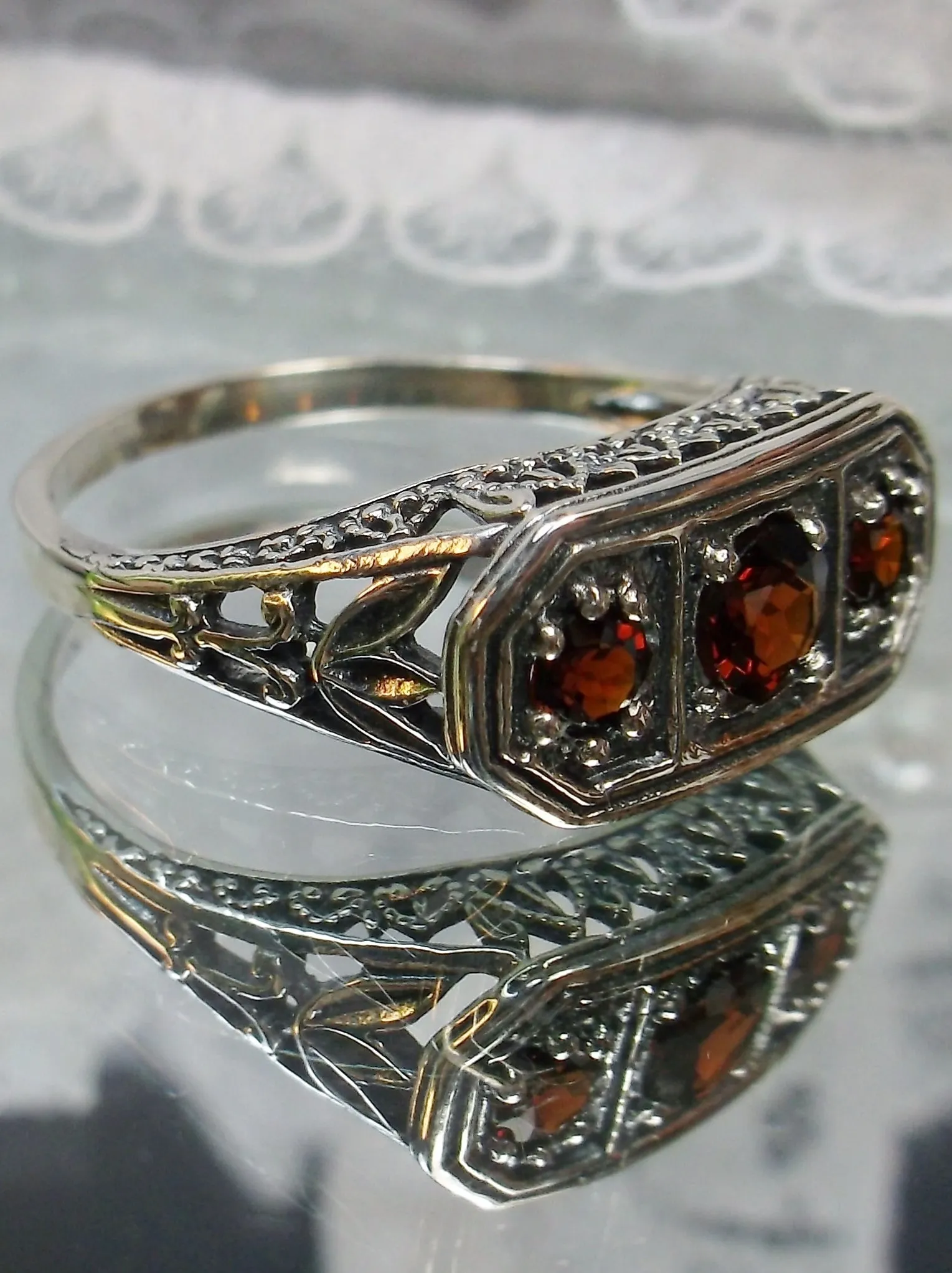Natural Red Garnet Ring, Lily Leaf Sterling Silver Filigree, Edwardian Jewelry #D197