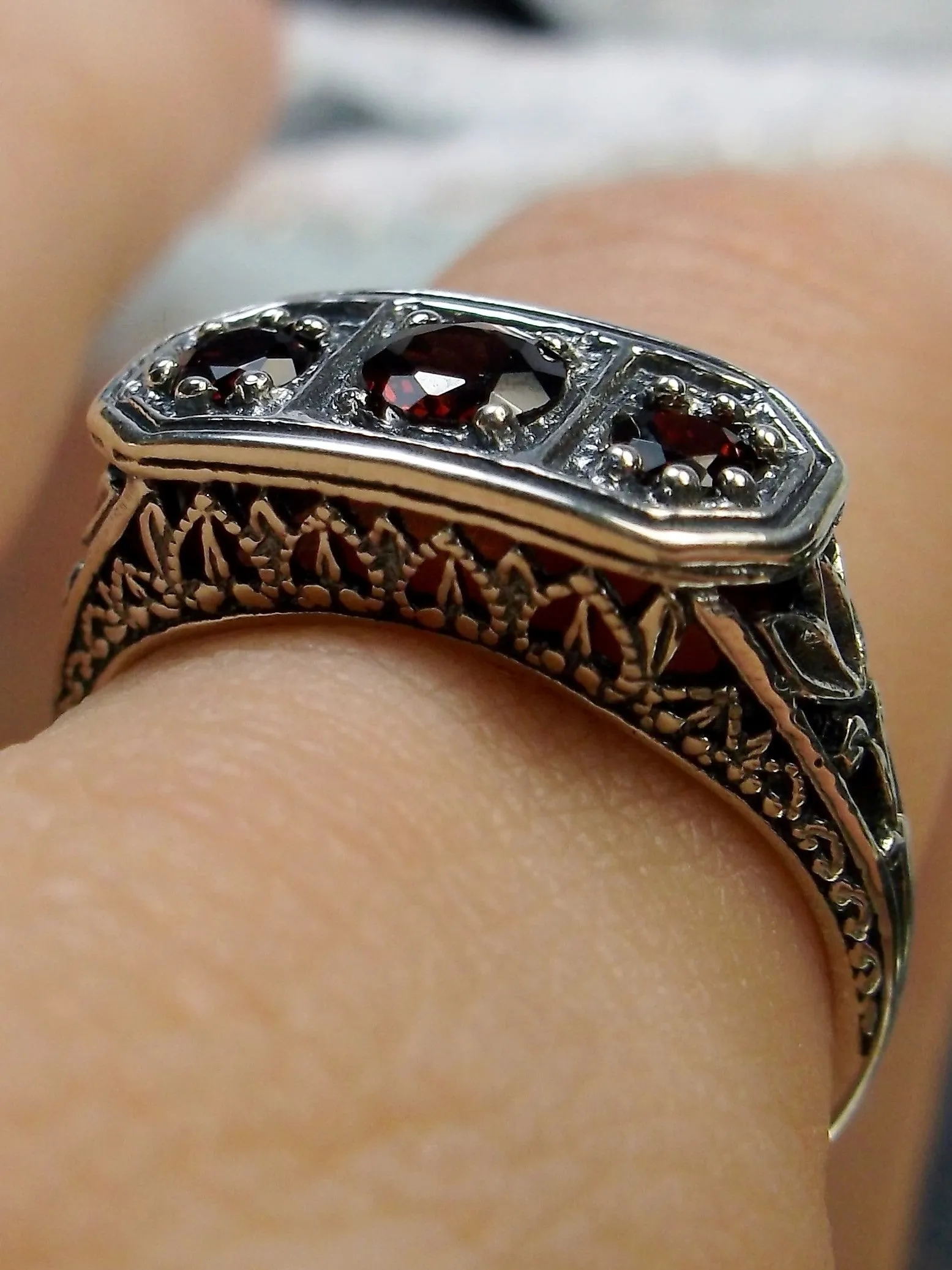 Natural Red Garnet Ring, Lily Leaf Sterling Silver Filigree, Edwardian Jewelry #D197