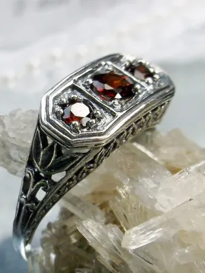 Natural Red Garnet Ring, Lily Leaf Sterling Silver Filigree, Edwardian Jewelry #D197