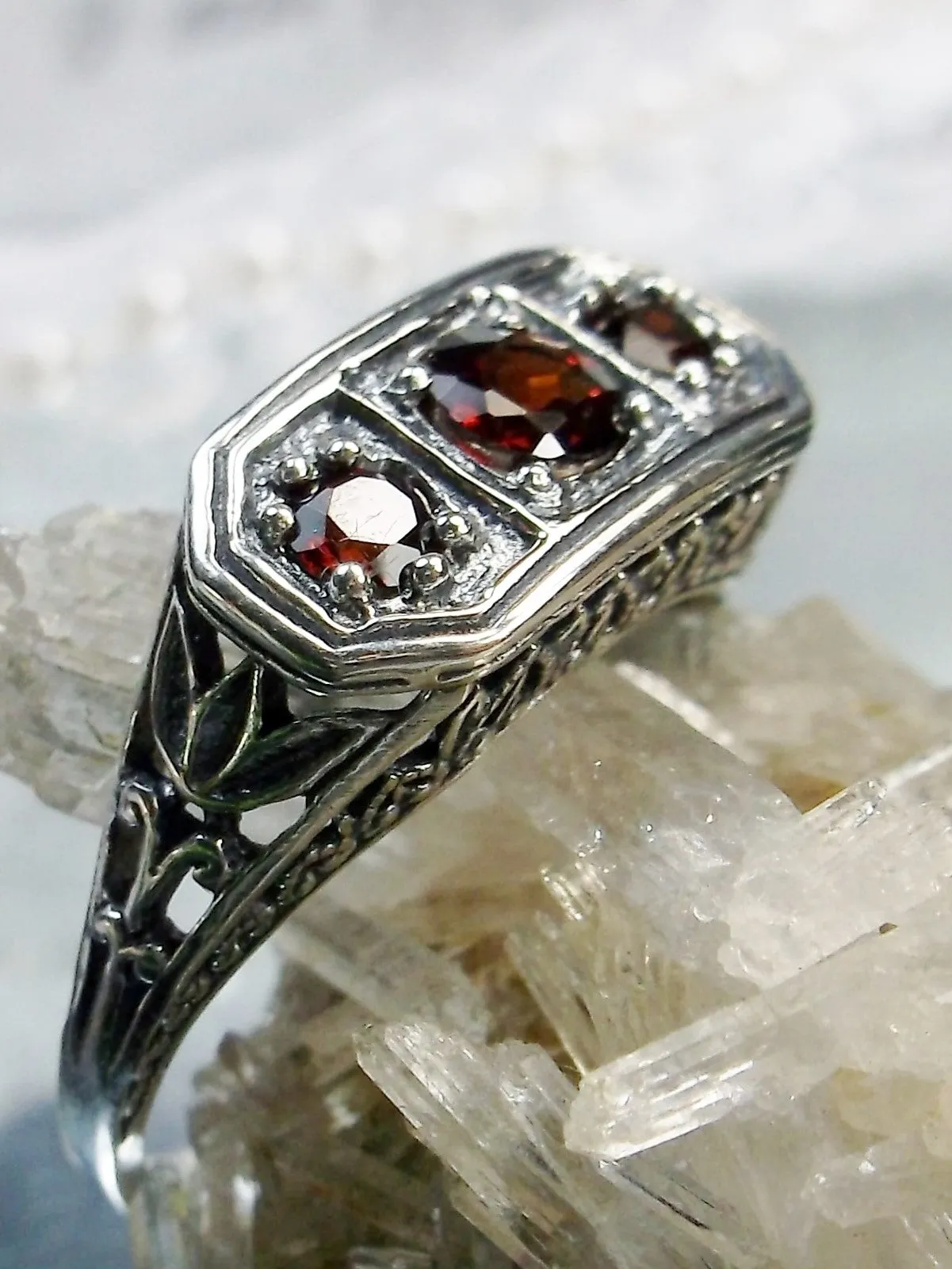 Natural Red Garnet Ring, Lily Leaf Sterling Silver Filigree, Edwardian Jewelry #D197