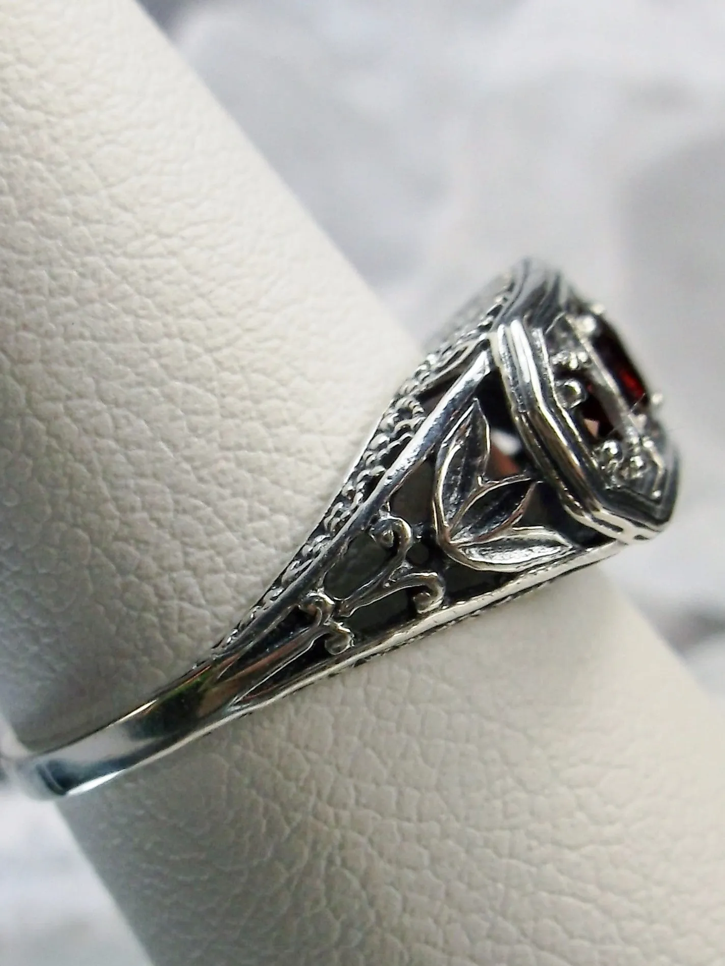 Natural Red Garnet Ring, Lily Leaf Sterling Silver Filigree, Edwardian Jewelry #D197
